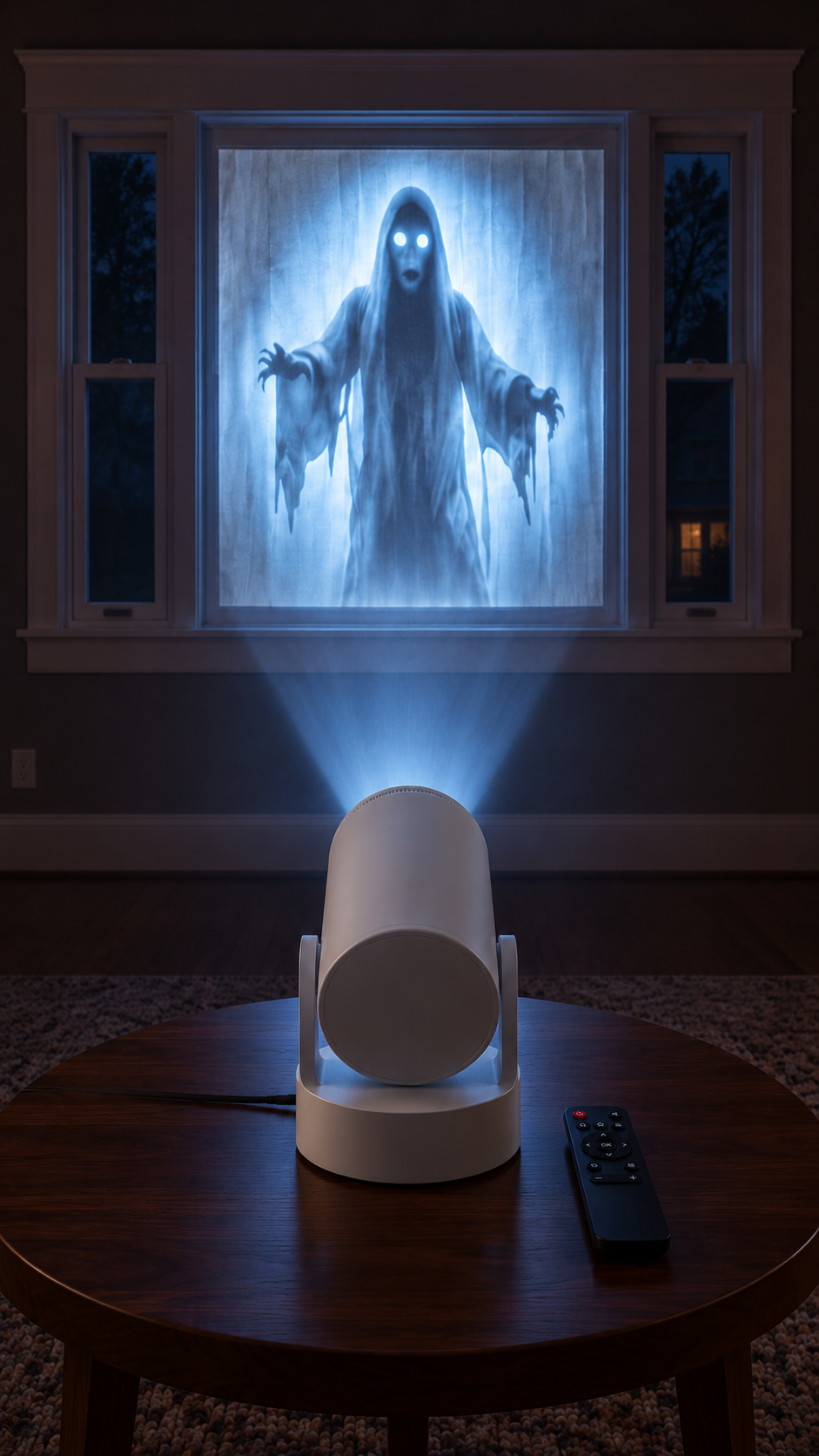 Spookcast Window Projector casting a ghost scene onto a window at night